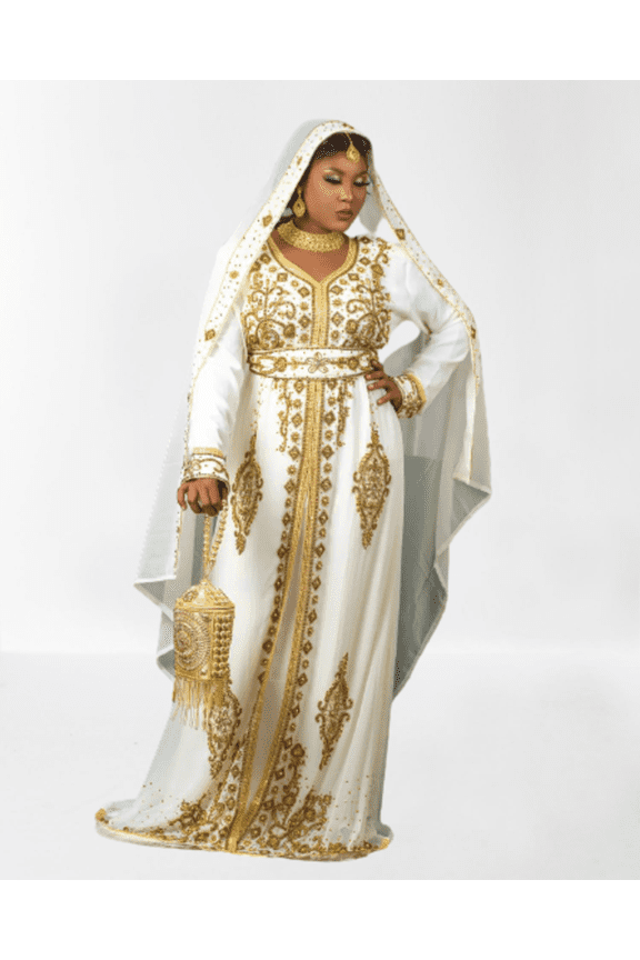 WHITE ZARI STONE WORK GEORGETTE ISLAMIC STYLE BEADS EMBEDDED PARTYWEAR KAFTAN LONG GOWN EVENING WEAR DUBAI KAFTAN
