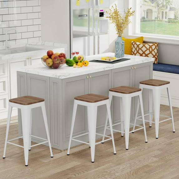WHITE barstools Set of 4,Stackable Backless Bar stools Industrial Kitchen Patio Stool Bar Chairs with Wooden