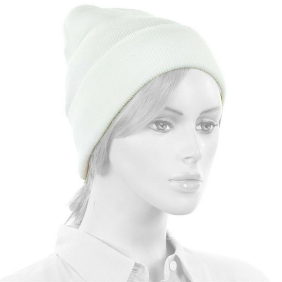 WHITE plain blank long fold up beanie Hat Adult Size Soft 9" folded - New with box/tags