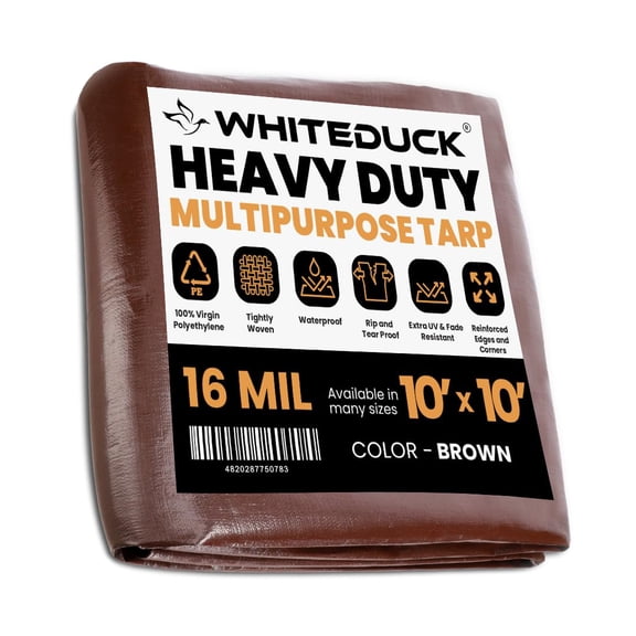 WHITEDUCK Super Heavy Duty Poly Tarp Cover 16 Mil & 10 Mil with Grommets and Reinforced Edges (Brown, White & Silver Black) (Brown- 16 Mil, 10' x 10')