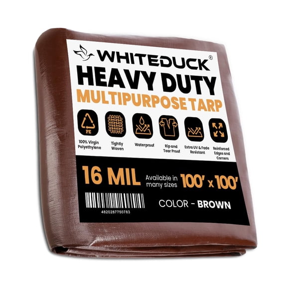 WHITEDUCK Super Heavy Duty Poly Tarp Cover 16 Mil & 10 Mil with Grommets and Reinforced Edges (Brown, White & Silver Black) (Brown- 16 Mil, 100' x 100')