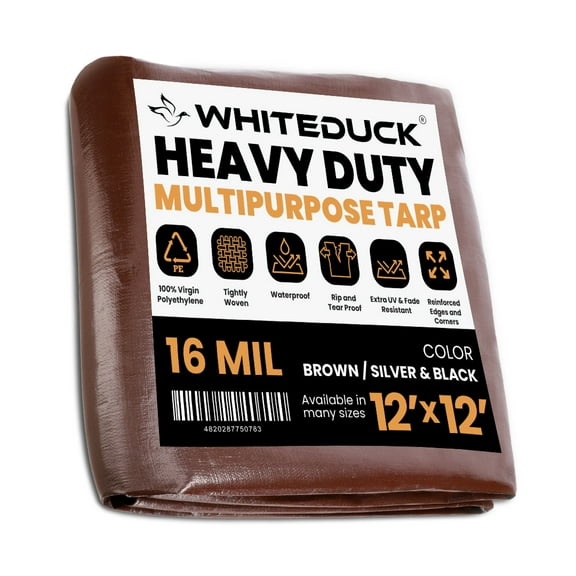 WHITEDUCK 12' x 12' Heavy Duty Tarp Cover Waterproof - 16 Mil Brown w/Grommets & Reinforced Edges
