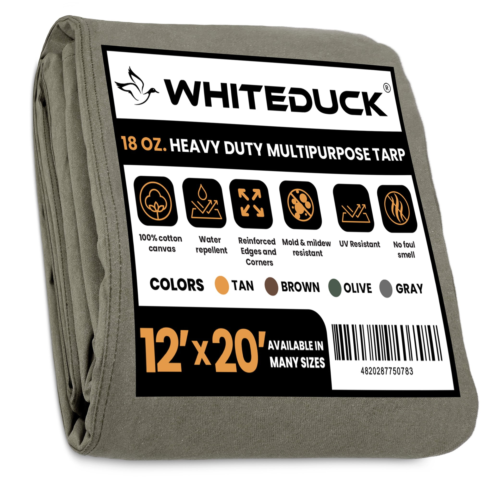 WHITEDUCK 12'x20' Canvas Tarp 18 oz. Heavy Duty Waterproof UV Resistant,  Rustproof Grommets, Industrial & Commercial Use Cloth Tarp (Finished Size:  11'6 x19'6, Olive Drab) 