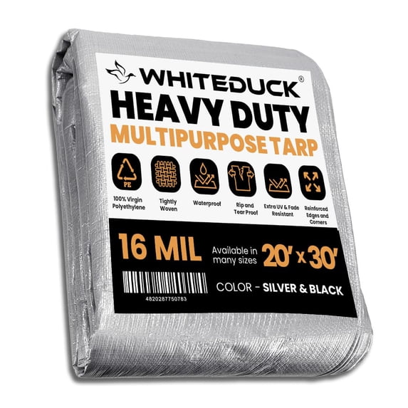WHITEDUCK Super Heavy Duty Poly Tarp Cover 16 Mil & 10 Mil with Grommets and Reinforced Edges (Brown, White & Silver Black) (Silver Black- 16 Mil, 20' x 30')