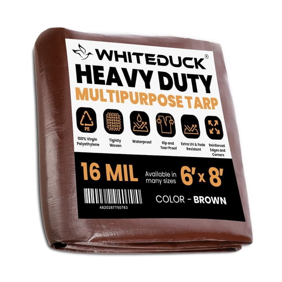 WHITEDUCK Super Heavy Duty Poly Tarp Cover 16 Mil & 10 Mil with Grommets and Reinforced Edges (Brown, White & Silver Black) (Brown- 16 Mil, 6' x 8')