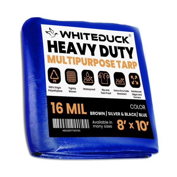 WHITEDUCK 8' x 10' Super Heavy Duty Poly Tarp Thick 16 Mil, Waterproof 100% UV Resistant Rip/Tear Proof Tarp w/Rustproof Grommets & Reinforced Edges (Blue)