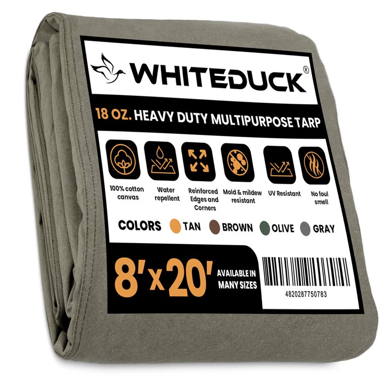 WHITEDUCK 8'x20' Canvas Tarp 18 oz. Heavy Duty Waterproof UV Resistant,  Rustproof Grommets, Industrial & Commercial Use Cloth Tarp (Finished Size: 