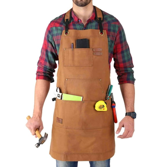 WHITEDUCK Canvas Work Apron for Men- Brown - Woodworking Apron 24oz with 7 Pockets & Cross Back Straps- Workshop, Mechanic, Carpenter