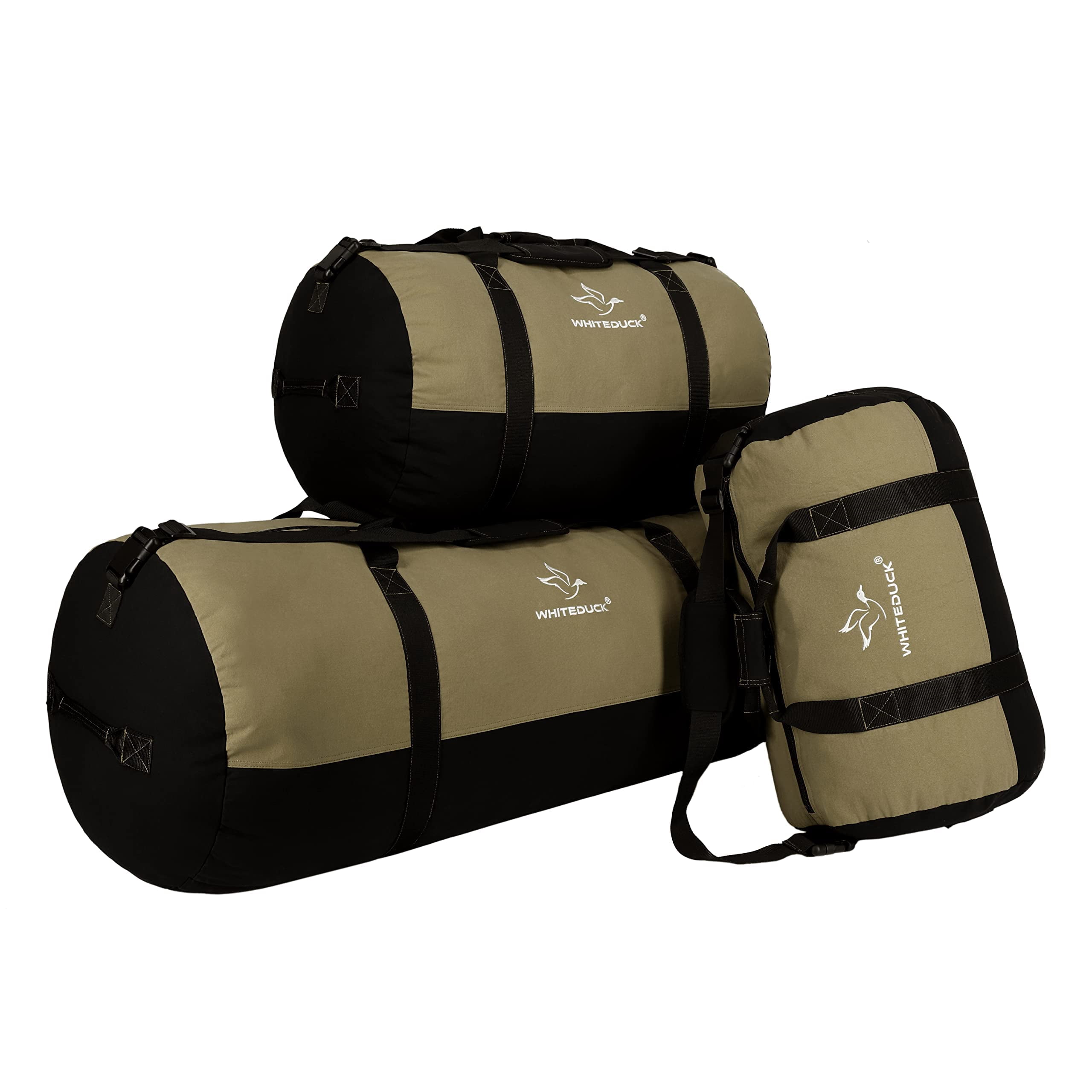 WHITEDUCK Heavy Duty Canvas Duffel Bag for Men and Women - Foldable Military Army Style Duffel Bag, with Full Length Zipper- Outdoors, Travel, Gym & Storage (Large 30" x 18", Olive & Black)
