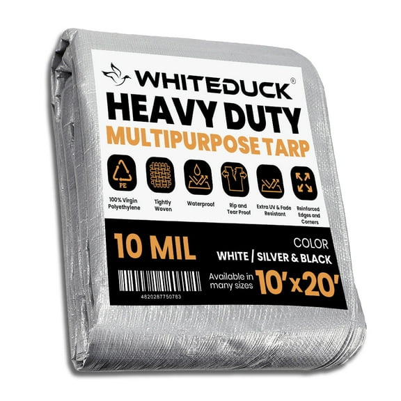 WHITEDUCK Super Heavy Duty Poly Tarp 10 Mil - Silver & Black Color - 10'x20' - Thick Waterproof, UV Resistant, Rip and Tear Proof Tarpaulin with Grommets and Reinforced Edges