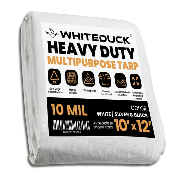 WHITEDUCK Super Heavy Duty Poly Tarp 10 Mil - White Color -10'x12' - Thick Waterproof, UV Resistant, Rip and Tear Proof Tarpaulin with Grommets and Reinforced Edges
