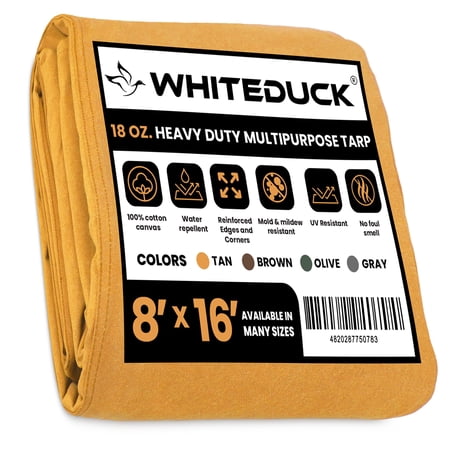 WHITEDUCK Tan 8'x16' 100% Canvas Tarp and Cover Waterproof Heavy Duty 18 oz w/Rustproof Grommets