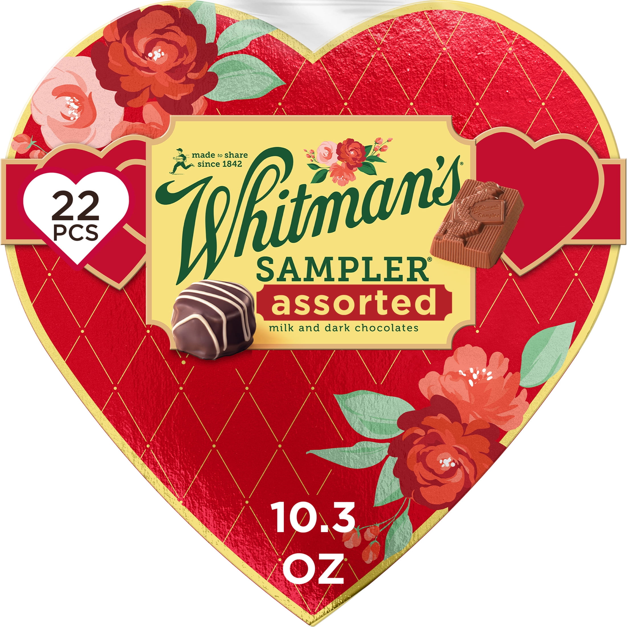 WHITMAN'S SAMPLER Valentine's Day Red Floral Heart Assorted Milk & Dark Chocolate Candy Gift Box, 10.3 oz. (22 Pieces)