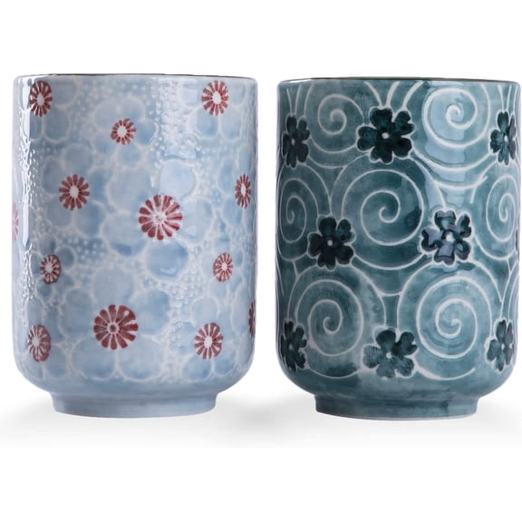 WHJY 10oz Transitional Chinese/Japanese style Handle-less Ceramic Tea cups teacup, Cherry Bloom and Geometric Pattern Set of 2