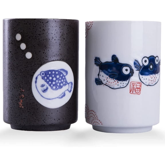 WHJY 10oz Transitional Chinese/Japanese style Handle-less Ceramic Tea cups teacup, Puffer Pattern Set of 2