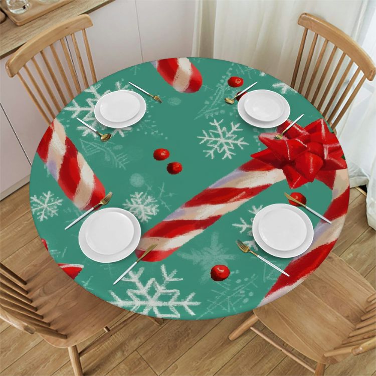 WHKANG Sweet Candy Canes Berry Round Tablecloth Elastic Fitted Table