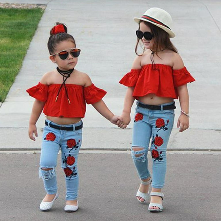 Whlbf Baby Girl Clothes Toddler Off Shoulder Solid Tops+Hole Rose Denim Jean Pants Outfits Red 130(130), Infant Unisex
