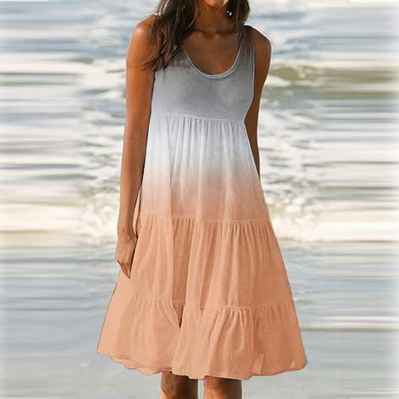 WHLBF Dresses for Women Plus Size Summer Gradient Print Sleeveless Party Beach Dress Pink 8(L)