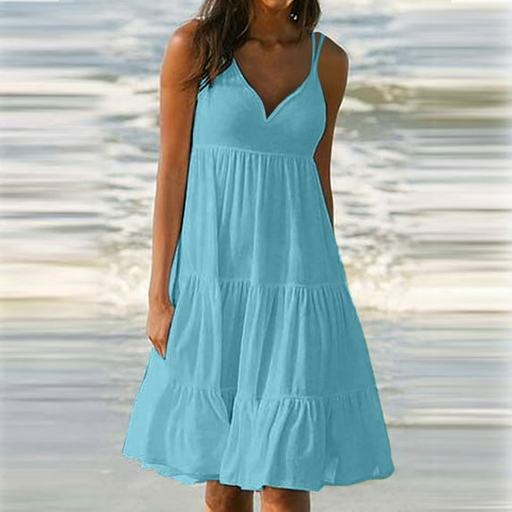 WHLBF Dresses for Women Plus Size Summer Solid Color Sleeveless Party Beach Slip Dress Blue 8(L)