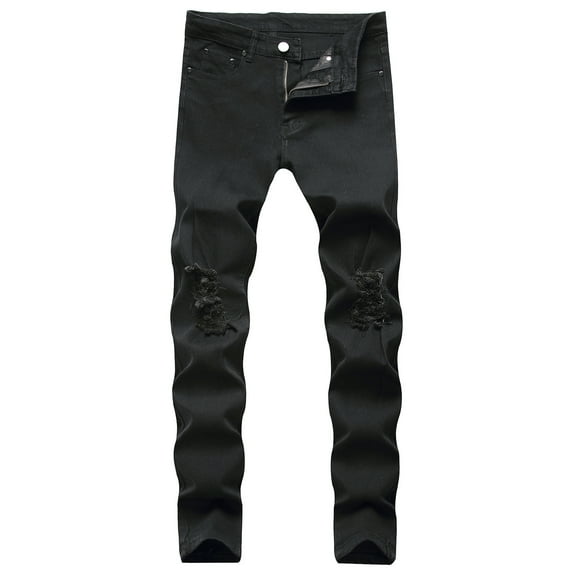 WHLBF Men Plus Size Trouser New Tight-fitting Ripped Straight Hip-hop Stretch Motorcycle Denim Trouser Black 10(XL)