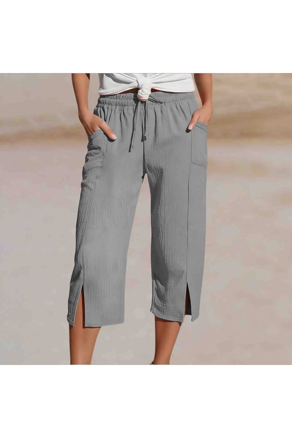 Pants for Women Double Layer Crinkle Linen Summer Casual Solid Color 3/4 with Pockets Drawstring Side Slit Cropped Pants Gray M