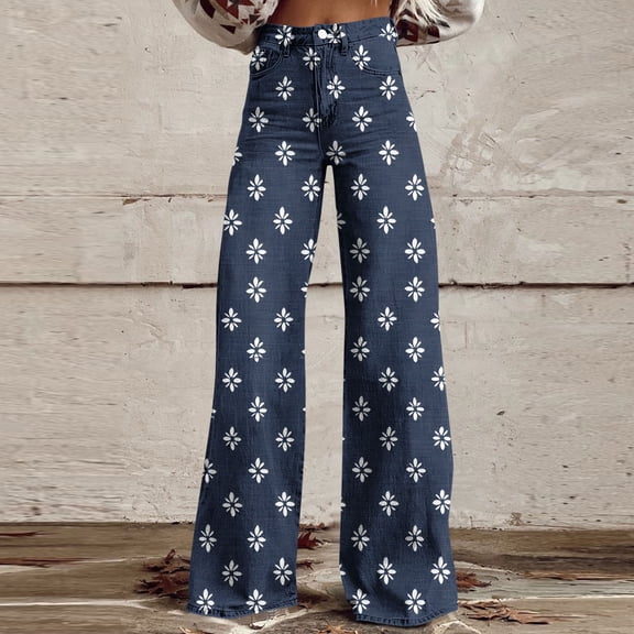 WHLBF Pants for Women Fashion Printed Casual Zipper Button Pockets Pants Navy L