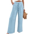 thumbnail image 1 of WHLBF Pants for Women Solid Color Drawstring Waist Long with Pocket Wide Leg Casual Trousers Sky Blue M, 1 of 5