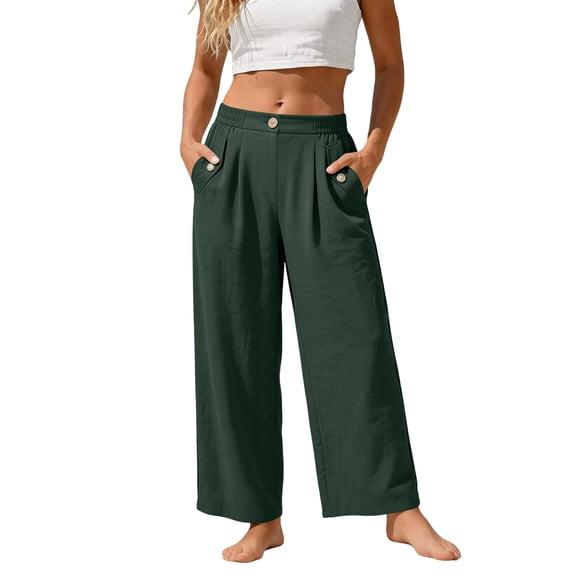 WHLBF Pants for Women Solid Color with Pockets and Buttons Linen Pants Green M