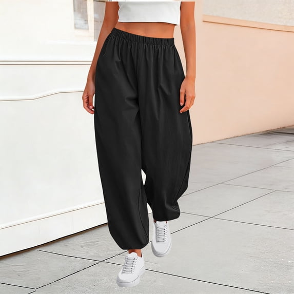 WHLBF Pants for Women with Side Pockets and Elastic Waist Wide Leg Linen Pants Black S