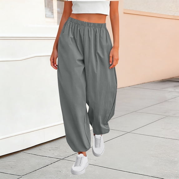 WHLBF Pants for Women with Side Pockets and Elastic Waist Wide Leg Linen Pants Gray S