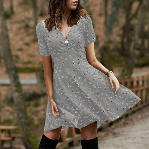 WHLBF Plus Size Dress for Women V Neck Manches Short Sleeve Robe Retro Elegant Party Club Casual Dress Gray XL(XL)