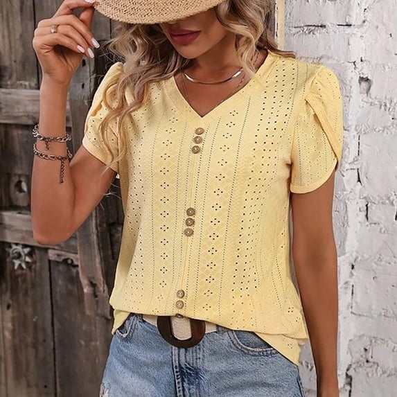 WHLBF Plus Size Tops for Women Casual Spring and Summer Blouses & Shirts Yellow 14(XXXL)