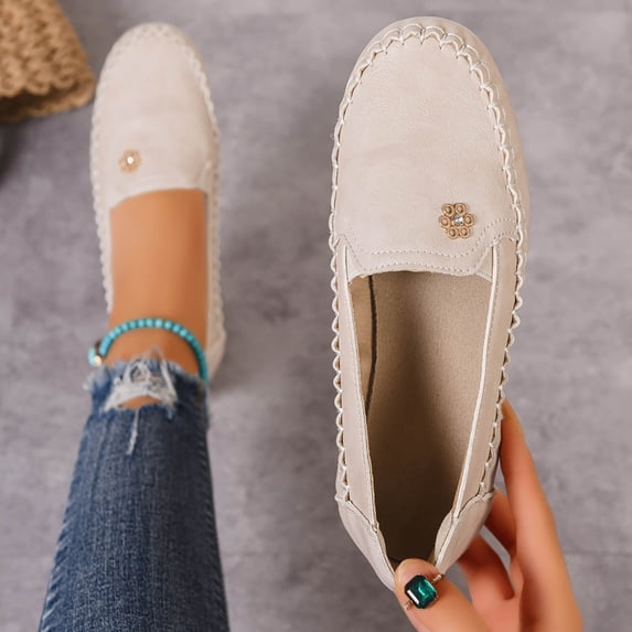 WHLBF Shoes for Women Low Heel Round Toe Casual Solid Color Metal Buckle Flat Bottom Loafers Size 5.5
