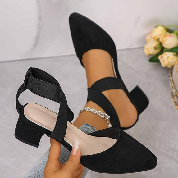 WHLBF Shoes for Women Pointed Toe Casual Plus Size Solid Color Elastic Shoes Closed Toe Heel Mid-Heel Sandals Size 9.5