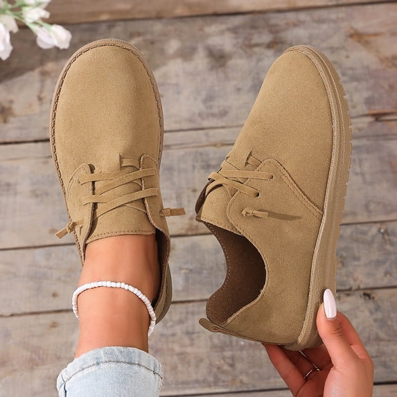 WHLBF Shoes for Women Round Toe Casual Plus Size Loafers Closed Toe Front Lace-Up Flat Shoes Size 8.5