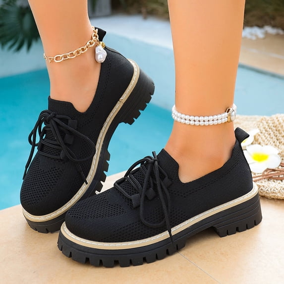 WHLBF Shoes for Women Round Toe Casual Plus Size Mesh Shoes Solid Color Front Lace-Up Flat Loafers Size 9