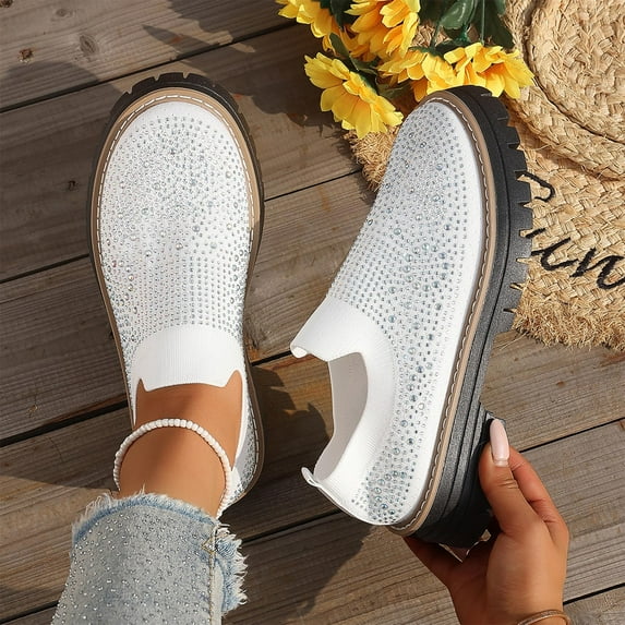 WHLBF Shoes for Women Round Toe Casual Solid Color Breathable Rhinestone Embellished Mid Heel Shoes Size 8.5