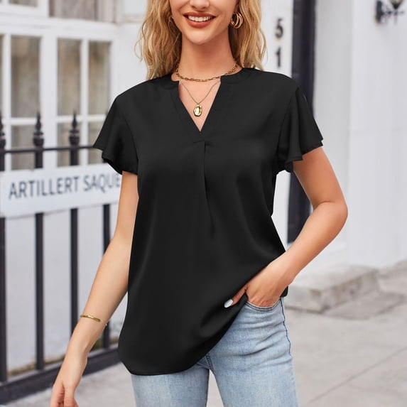 WHLBF Summer Blouses for Women Ruffle Short Sleeve Solid Casual Tops Black 10(XL)