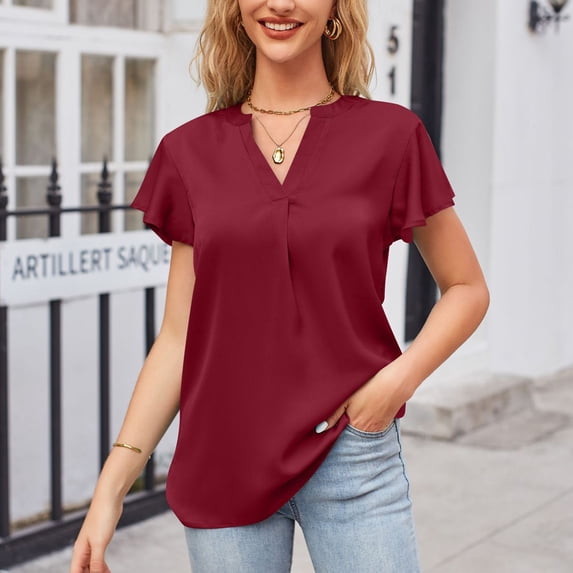 WHLBF Summer Blouses for Women Ruffle Short Sleeve Solid Casual Tops Red 4(S)