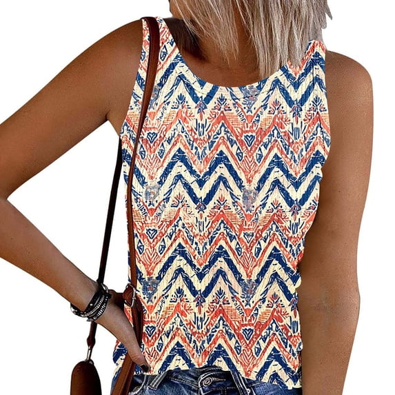 WHLBF Tank Tops for Women Sleeveless Round-neck Printed Button Up Summer Casual T-shirt Multicolor XL