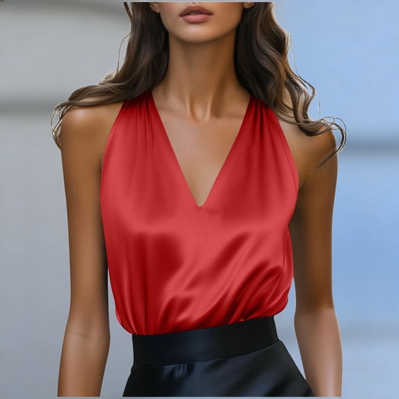 WHLBF Tank Tops for Women Sleeveless Satin Deep V-Neck Elegant Spaghetti Straps Camisole Red XL