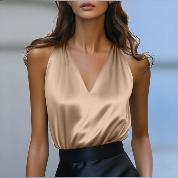 WHLBF Tank Tops for Women Sleeveless Satin Deep V-Neck Elegant Spaghetti Straps Camisole Rose Gold M