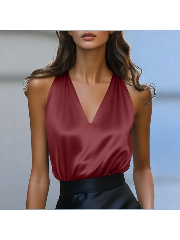Tank Tops for Women Sleeveless Satin Deep V-Neck Elegant Spaghetti Straps Camisole Wine L