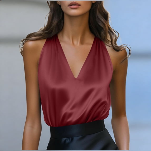 WHLBF Tank Tops for Women Sleeveless Satin Deep V-Neck Elegant Spaghetti Straps Camisole Wine XL