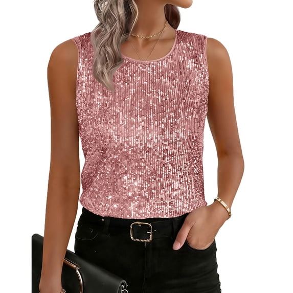 WHLBF Tank Tops for Women Sleeveless Sequin Solid Casual Round Neck Camisole Pink L