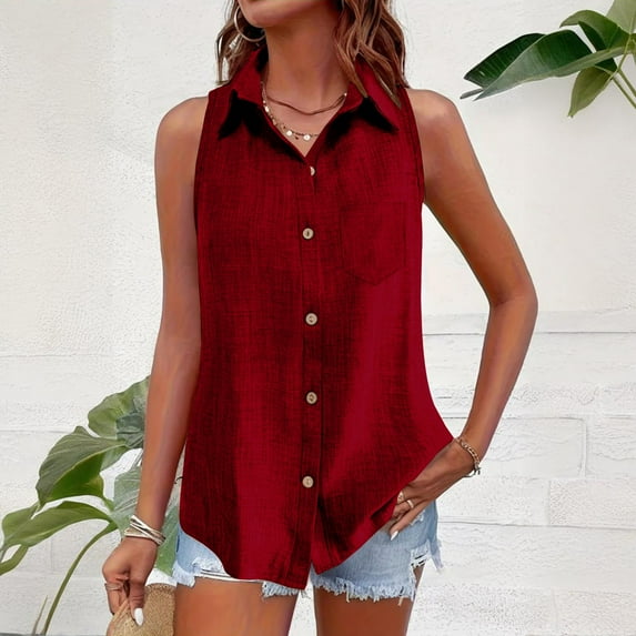 WHLBF Tank Tops for Women Sleeveless V-neck Casual Solid Color Button Top Red XL