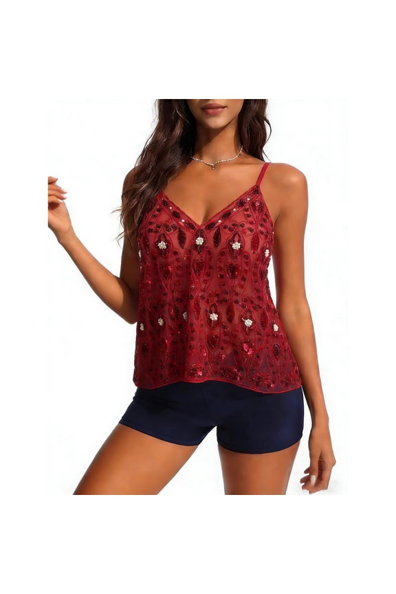 Tank Tops for Women Sleeveless V-neck Sequin Nail Bead Suspender Party Camisoles Red L
