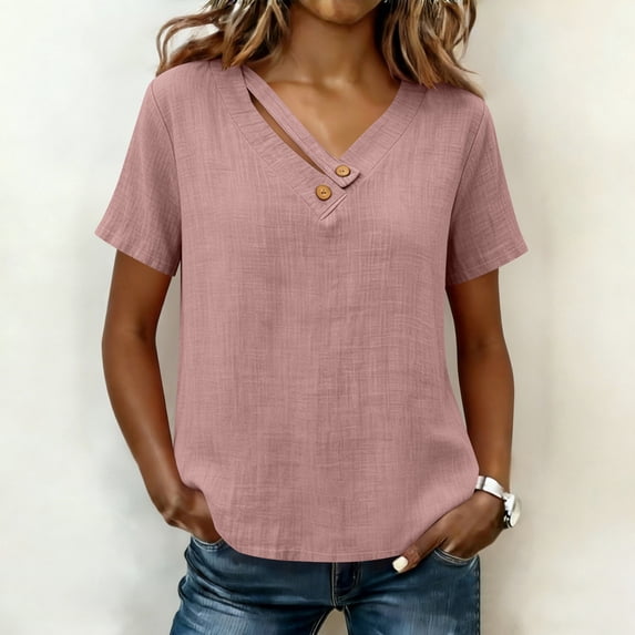 WHLBF Tank Tops for Women V-Neck Short Sleeve Button Loose Casual Summer Cotton Linen Shirt Tank Pink L