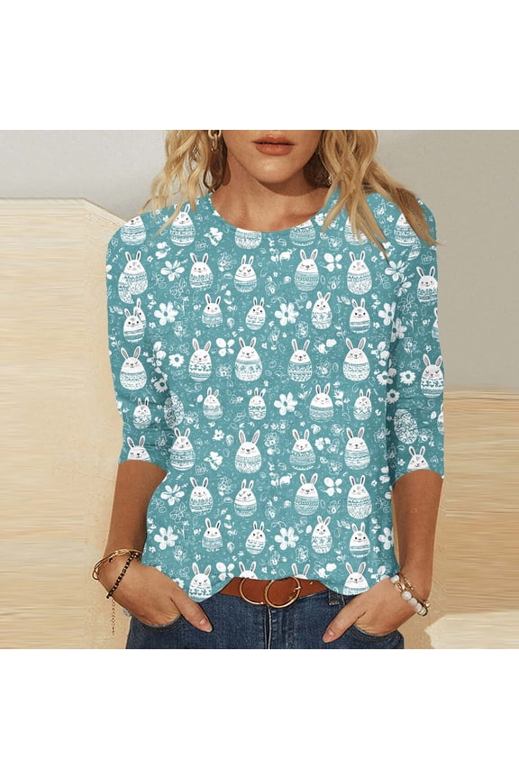 Tops for Women 3/4 Sleeve Easter Egg Bunny Printed Round Neck Pullover Casual Blouses Green M