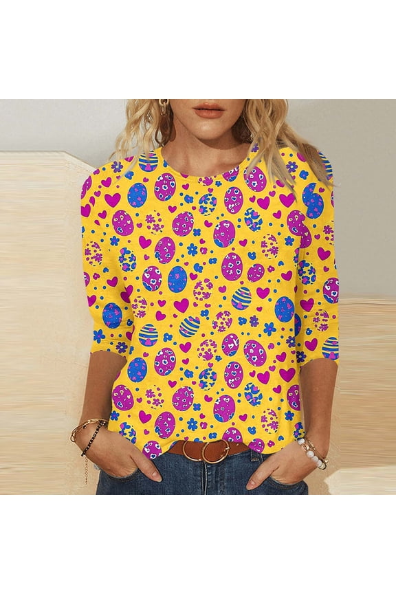 Tops for Women 3/4 Sleeve Easter Egg Bunny Printed Round Neck Pullover Casual Blouses Yellow M